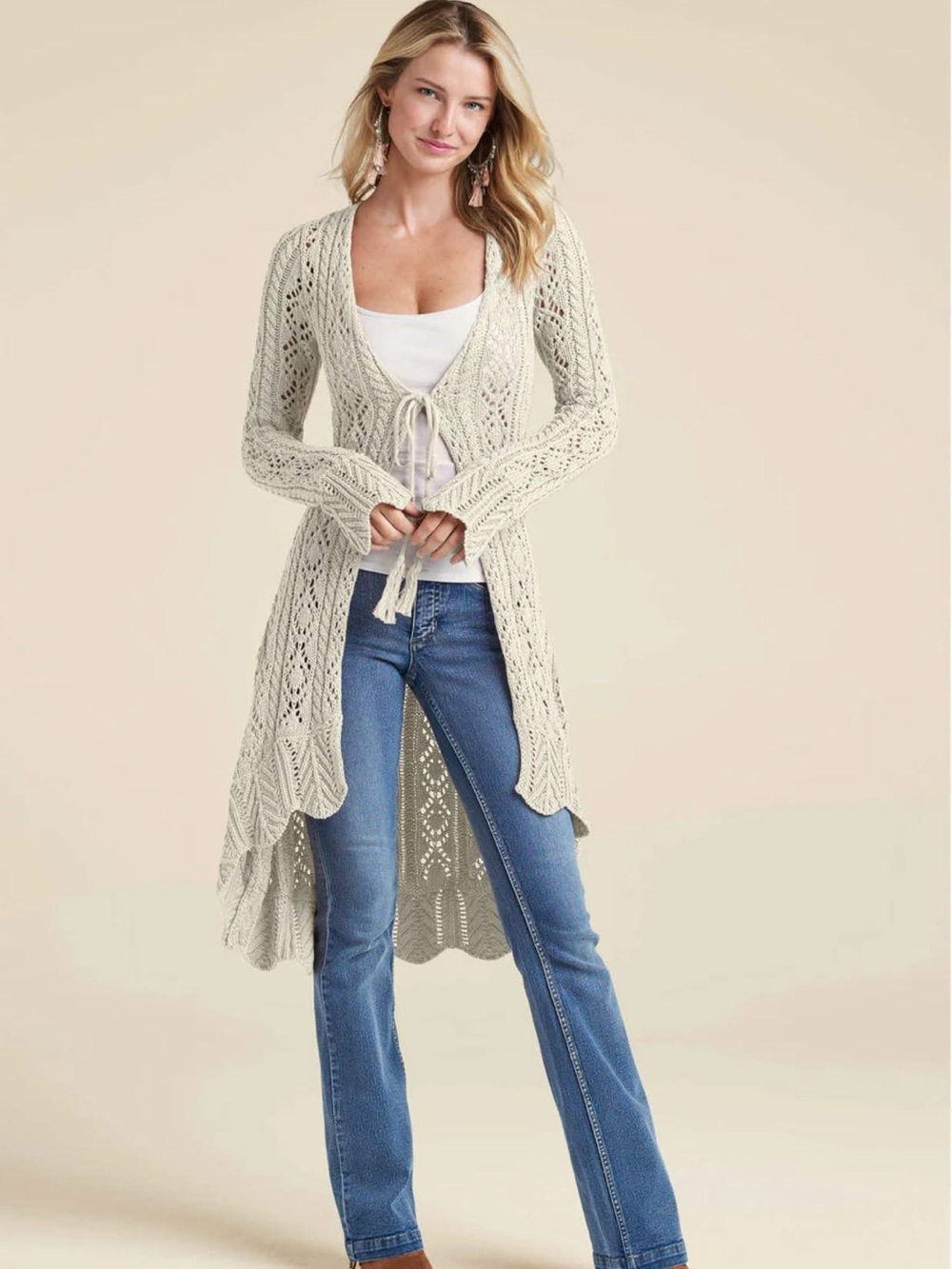 VENUS Long Tie Front Crochet Open Knit Tassel  bohemian Cardigan beach casual